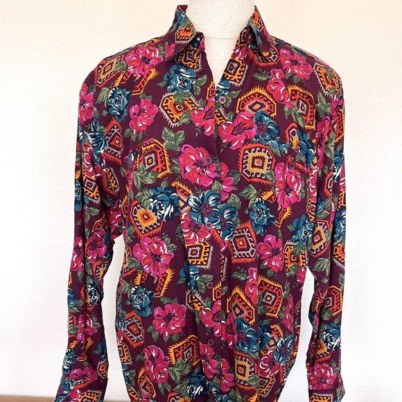 NWT 90's Funky Floral Aztec Long Sleeve Shirt - Size Medium - Ilio - Picture 3 of 8